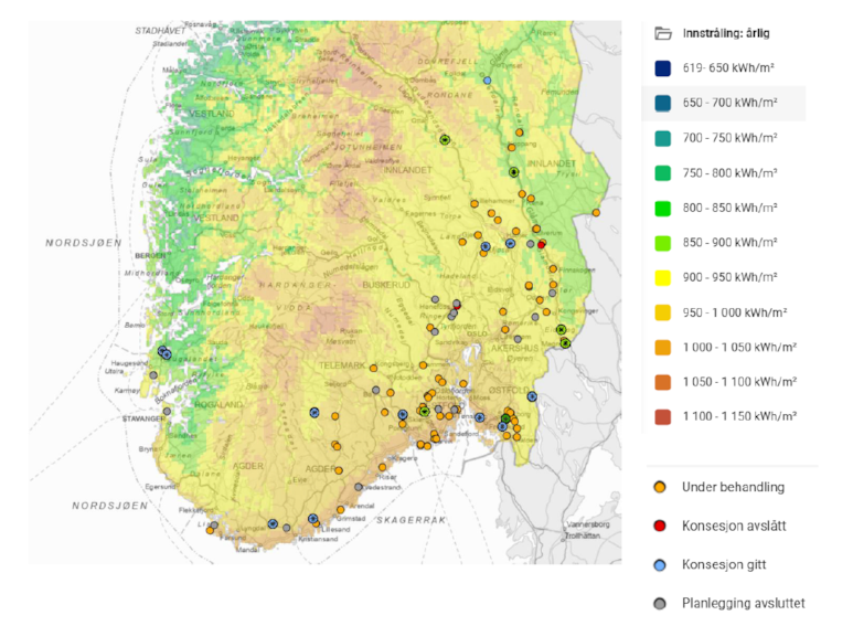 Solkart over Sør-Norge: Innstråling + konsesjoner til behandling hos NVE per august 2026.
