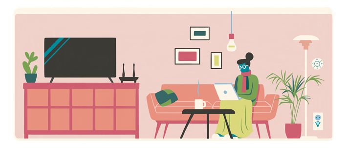 En dame sitter i en stue og leser på en PC. Illustrasjon