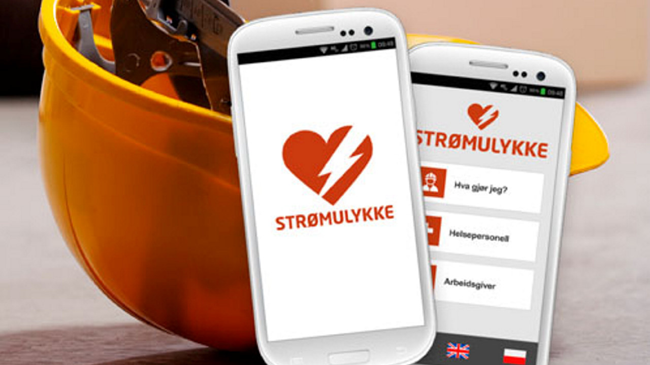 Mobiltelefoner med app om strømulykker, sammen med gul hjelm