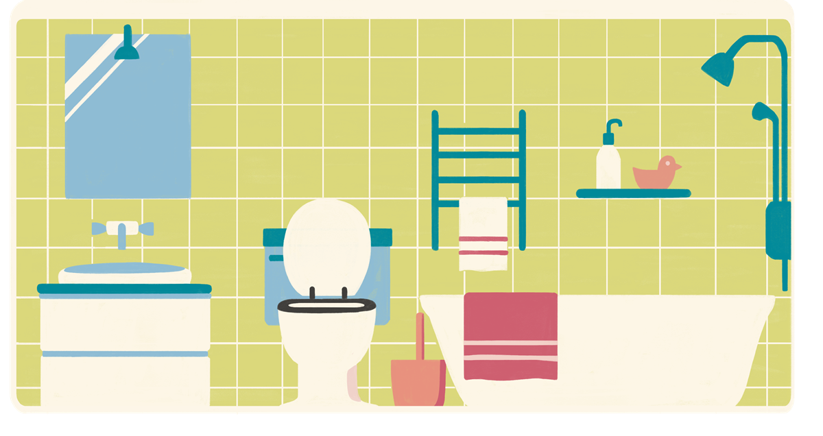 Baderom med dusj, badekar, servant og toalett. Illustrasjon