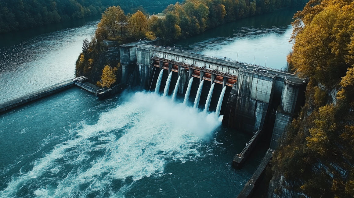 1. Dronefoto av dam med åpne flomluker