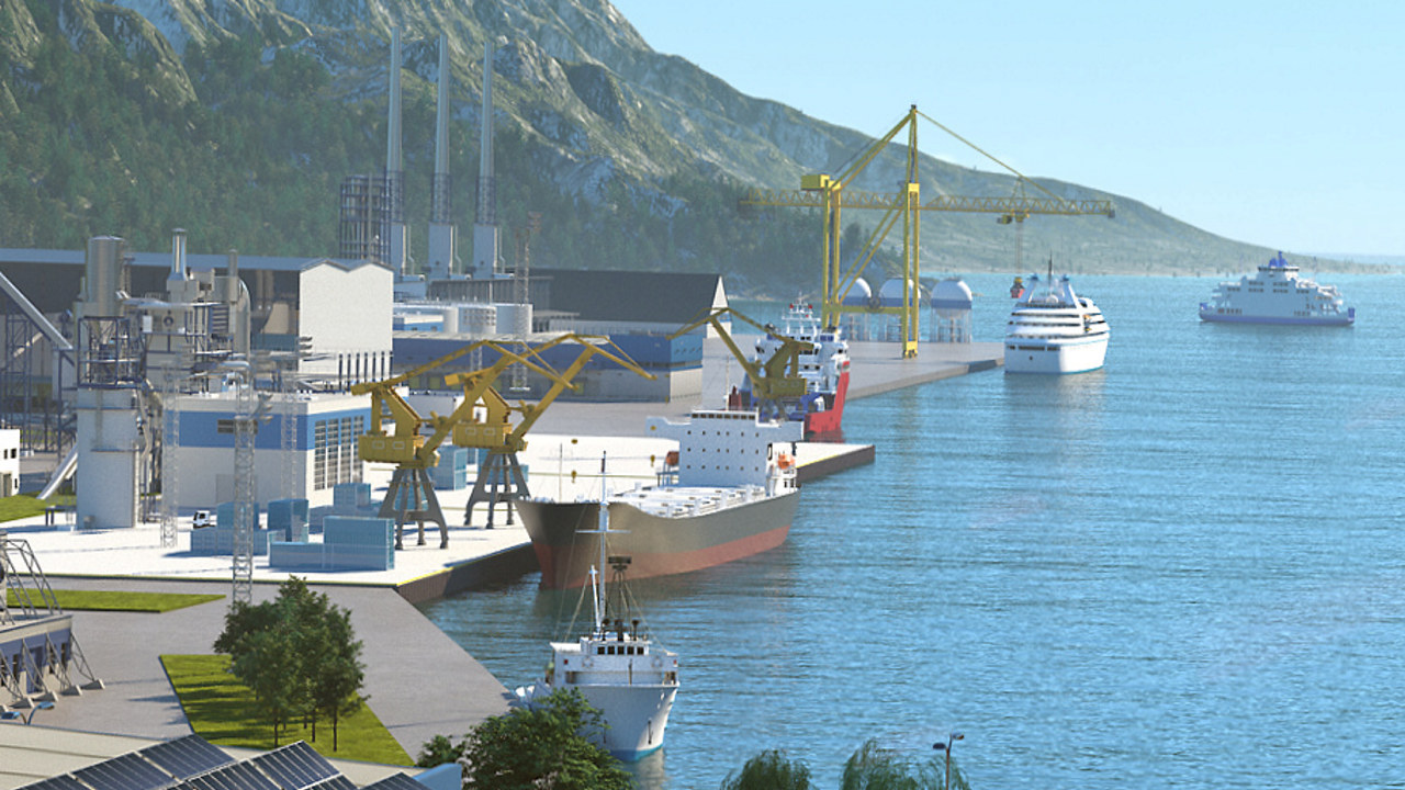 Illustrasjon av ferger, båter og havn