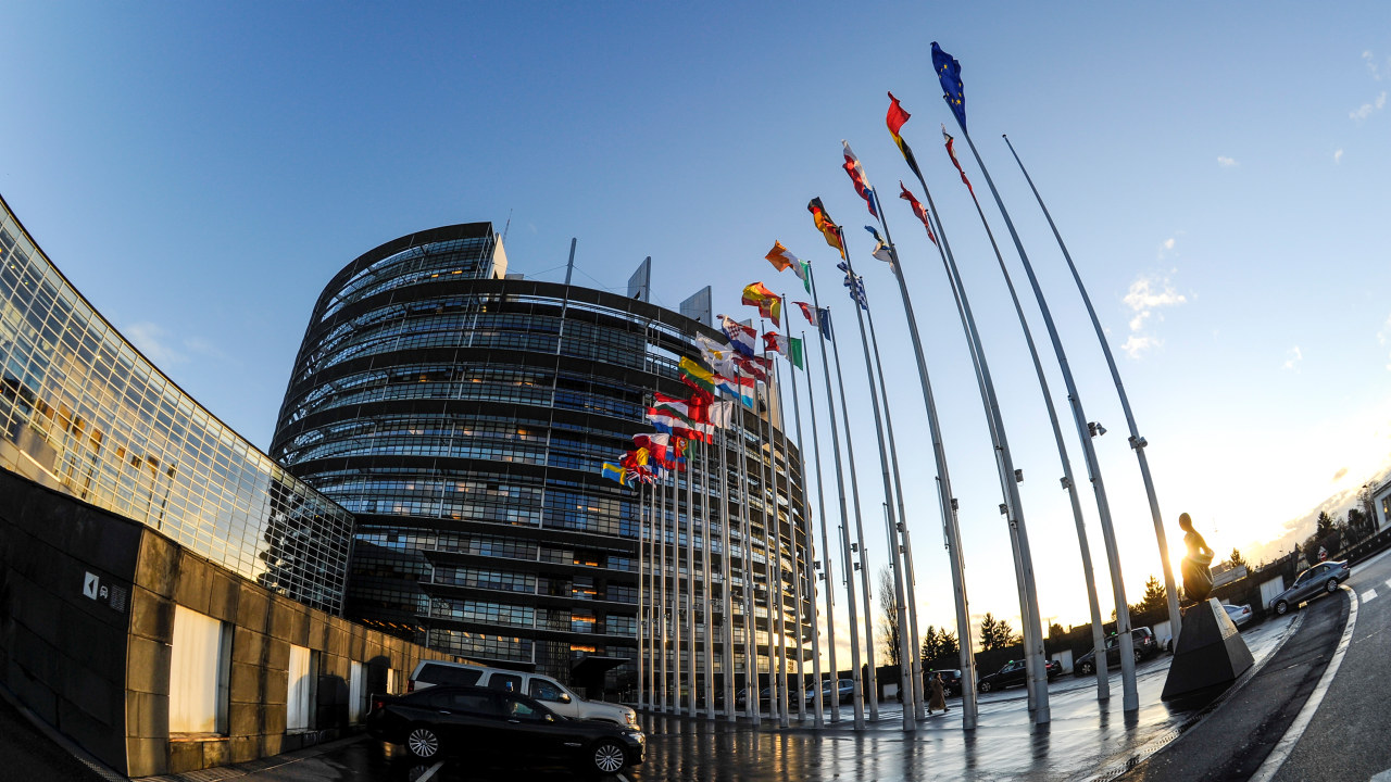 European flags in front of EP Building in Strasbourg