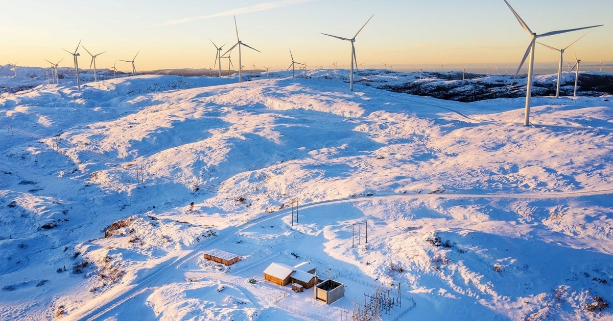Roan vindpark på vinteren med snø.