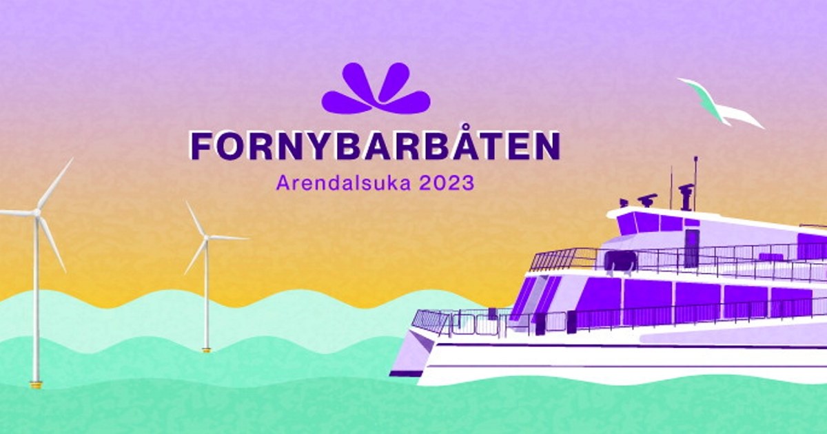 Illustrasjon av Fornybarbåten Legacy of the fjords med vindmøller i bakgrunen