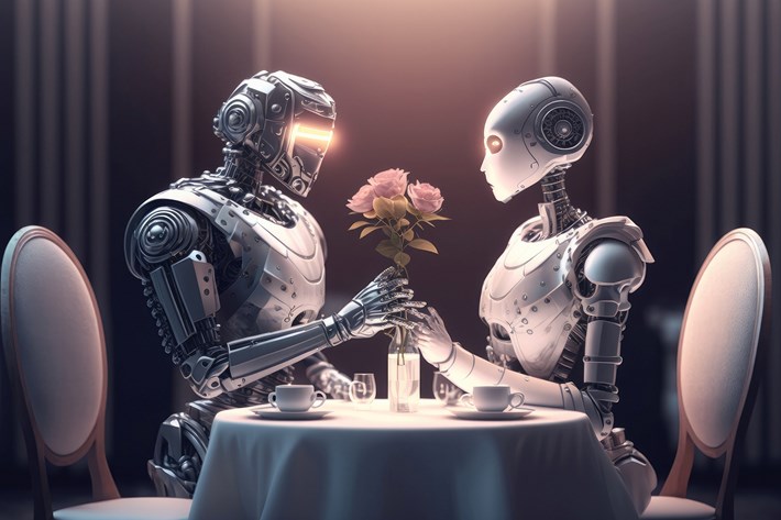 Feelings and senses in artificial intelligence concept with robot gives flowers to another robot. Created with Generative AI technology.