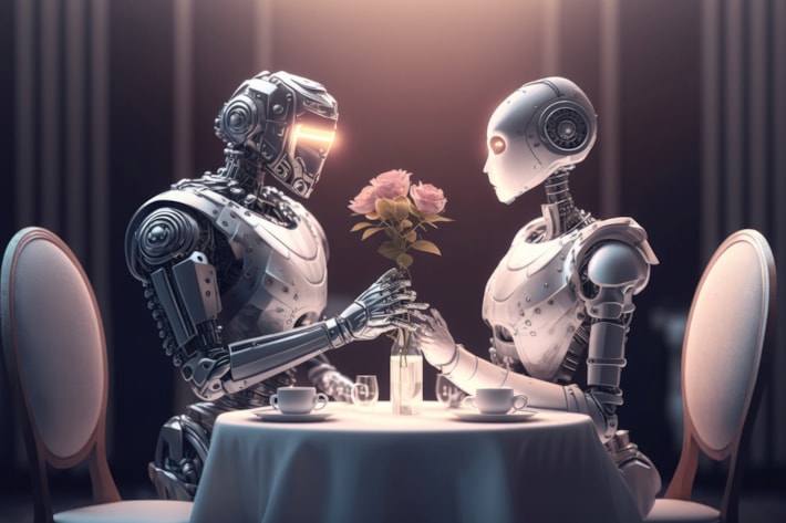 Feelings and senses in artificial intelligence concept with robot gives flowers to another robot. Created with Generative AI technology.