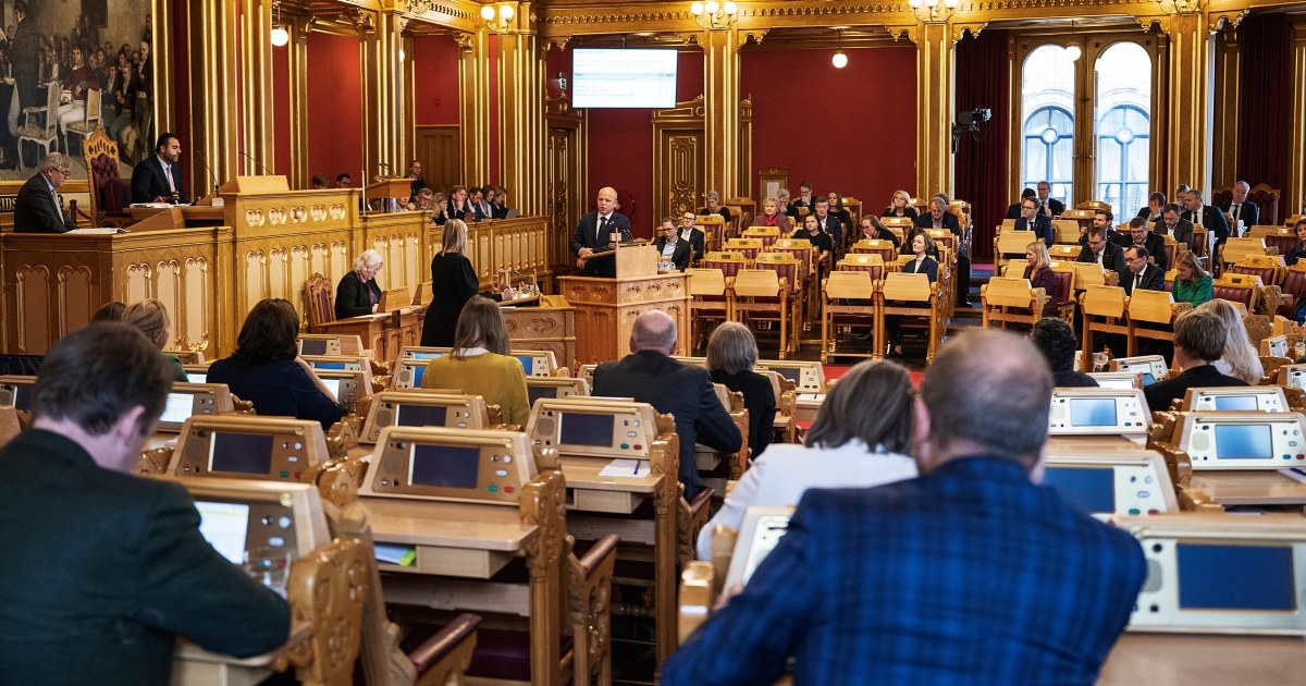 Finansminister, Trygve Slagsvold Vedum (Sp) i Stortingssalen i forbindelse med fremleggingen av Statsbudsjettet 2023.